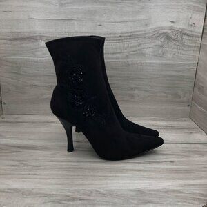 Preview International Heel Boots Women's 10 Black Fabic Floral Embellishments